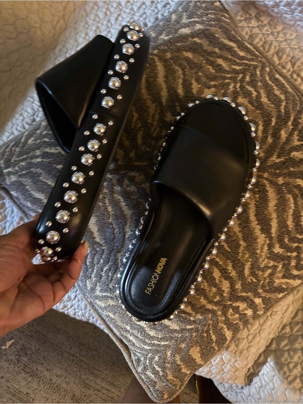 Fashion Nova Black stud -Embellished Slide Sandals